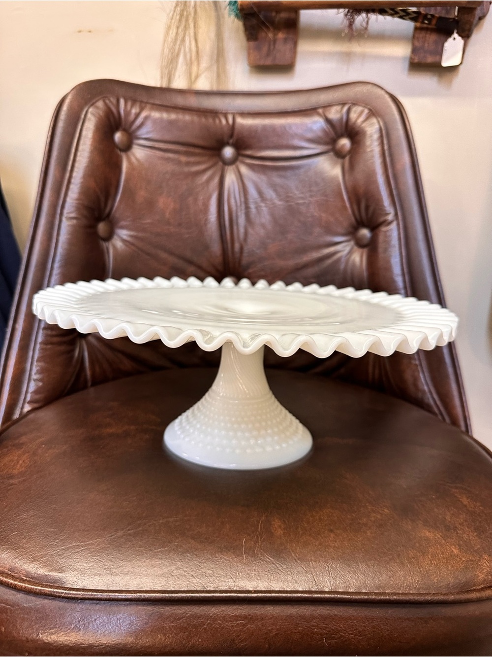 White Hobnail Milk Fenton Glass Ruffled Edge Pedestal Cake Stand